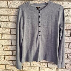 LL Bean Signature Mens Waffle Knit Henley Top Blue Long Sleeve Thermal 526424 LR